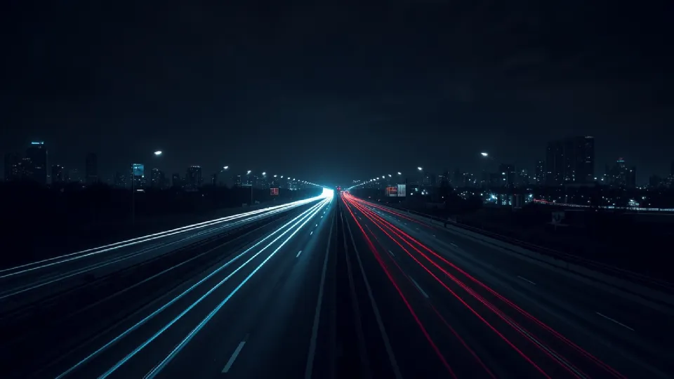 Night city highway with neon lights stretching